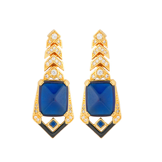 Gold-Plated Geometric Drop Earrings with Bold Blue Stone and Diamond Accents – Statement Luxury Jewelry for Evening Elegance