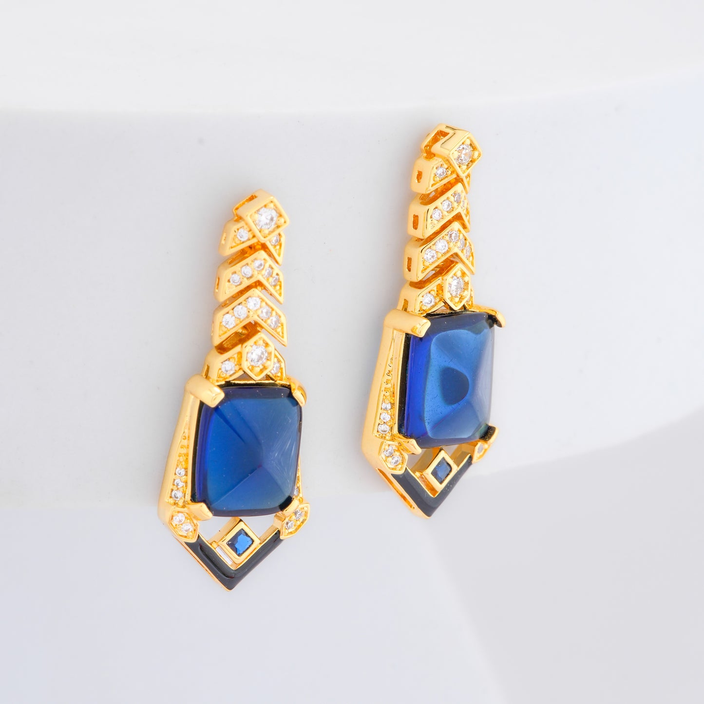 Gold-Plated Geometric Drop Earrings with Bold Blue Stone and Diamond Accents – Statement Luxury Jewelry for Evening Elegance