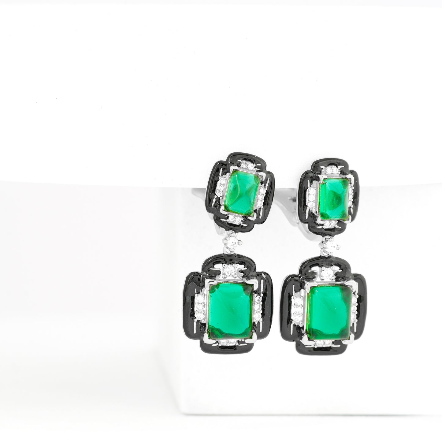 Dual-Tier Black Enamel and Silver-Plated Drop Earrings with Emerald Green Stones and Diamond Accents for Contemporary Glamour