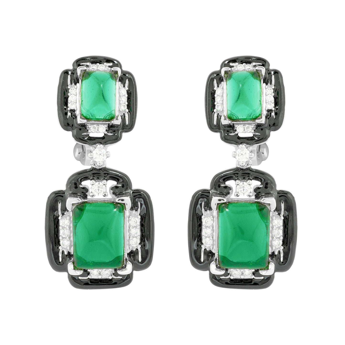 Dual-Tier Black Enamel and Silver-Plated Drop Earrings with Emerald Green Stones and Diamond Accents for Contemporary Glamour