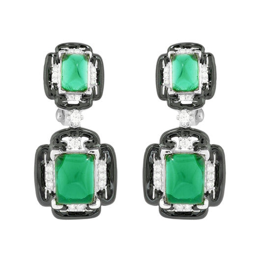 Dual-Tier Black Enamel and Silver-Plated Drop Earrings with Emerald Green Stones and Diamond Accents for Contemporary Glamour