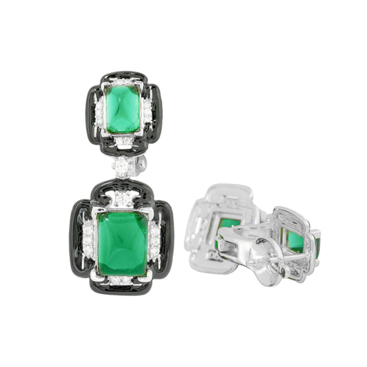 Dual-Tier Black Enamel and Silver-Plated Drop Earrings with Emerald Green Stones and Diamond Accents for Contemporary Glamour