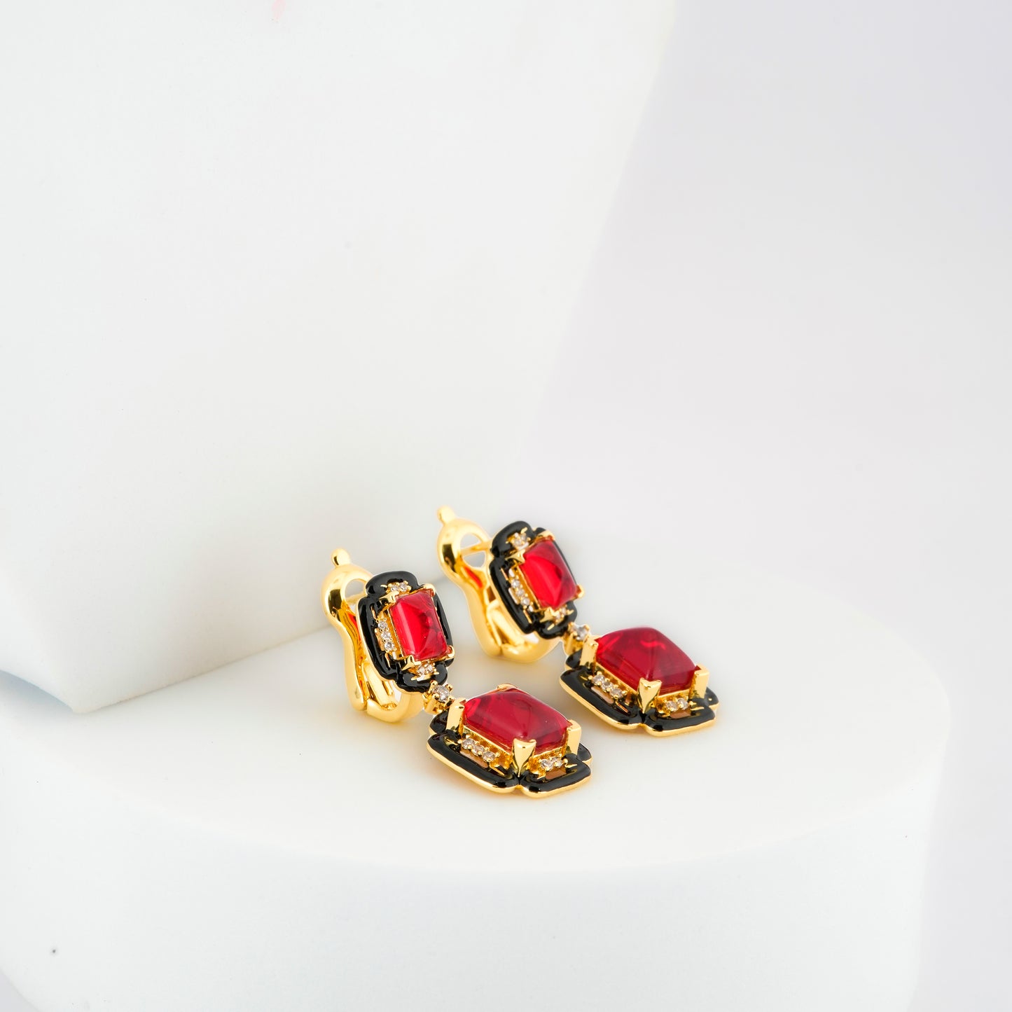 Opulent Ruby Red Drop Earrings with Black Enamel Detailing and Diamond Accents – Statement Gold Jewelry for Weddings, Parties, and Festive Glamour