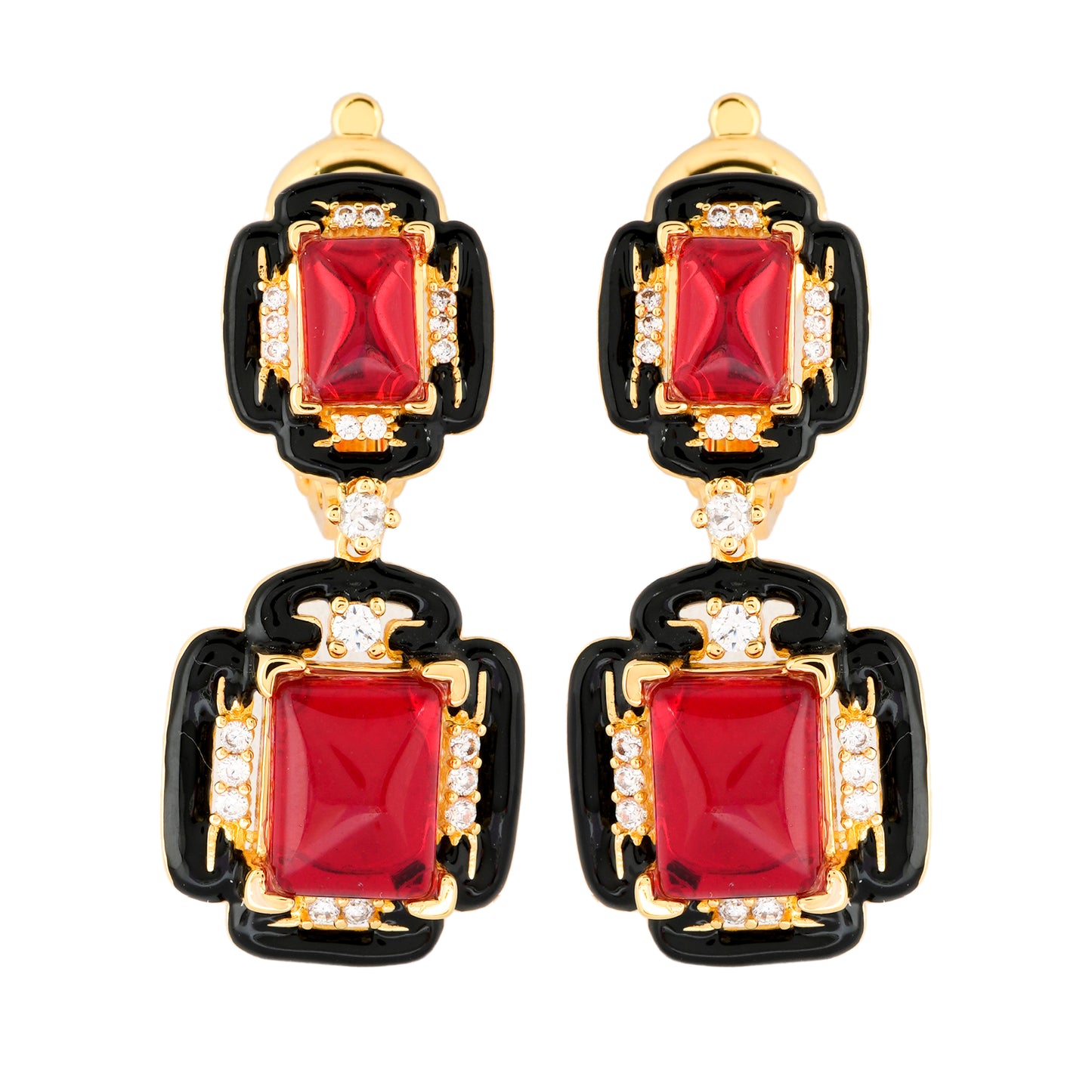 Opulent Ruby Red Drop Earrings with Black Enamel Detailing and Diamond Accents – Statement Gold Jewelry for Weddings, Parties, and Festive Glamour