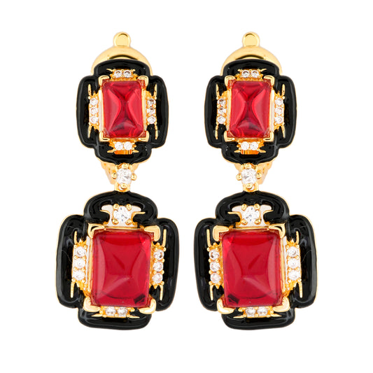 Opulent Ruby Red Drop Earrings with Black Enamel Detailing and Diamond Accents – Statement Gold Jewelry for Weddings, Parties, and Festive Glamour