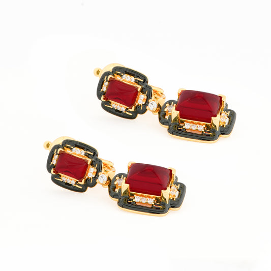 Opulent Ruby Red Drop Earrings with Black Enamel Detailing and Diamond Accents – Statement Gold Jewelry for Weddings, Parties, and Festive Glamour