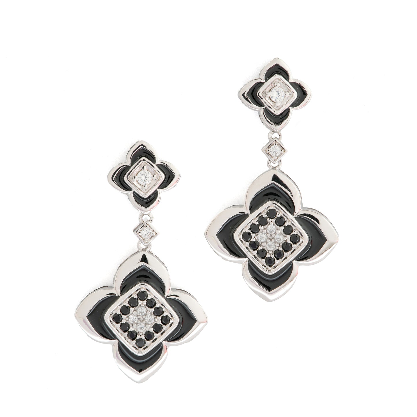 Elegant Black Enamel Floral Drop Earrings with Sparkling White and Black Diamond-Inspired Accents in Platinum Finish