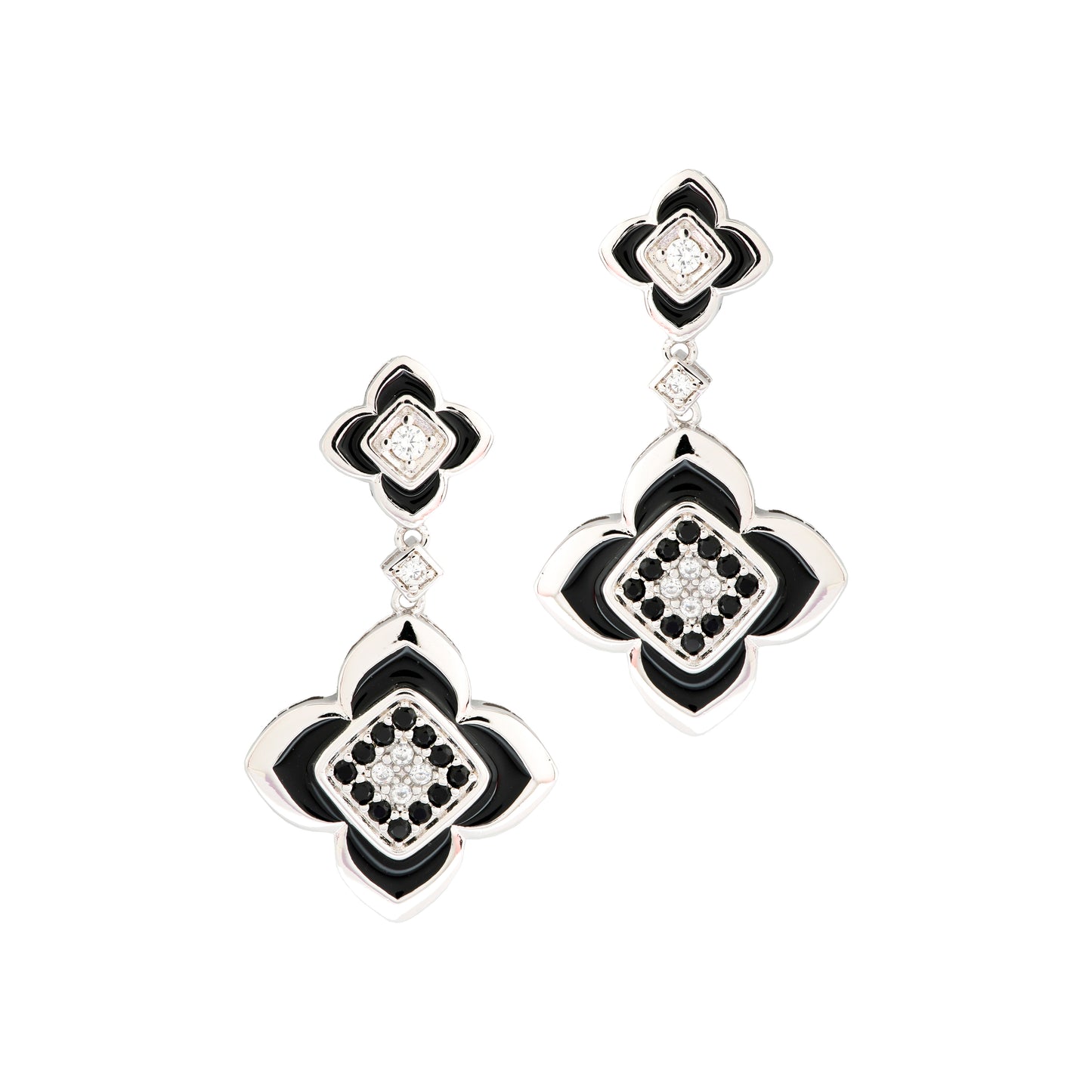 Elegant Black Enamel Floral Drop Earrings with Sparkling White and Black Diamond-Inspired Accents in Platinum Finish