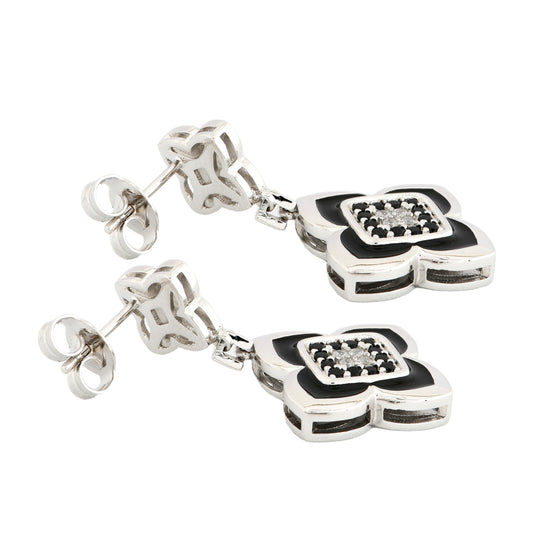 Elegant Black Enamel Floral Drop Earrings with Sparkling White and Black Diamond-Inspired Accents in Platinum Finish
