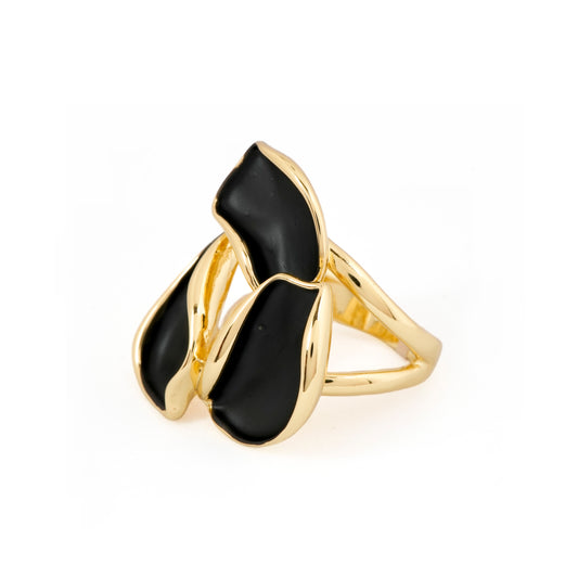 Gold Finish Black Enamel Designer Cocktail Ring for Women with Artistic Petal-Inspired Design, Bold Statement Look and Contemporary Fashion Jewelry | Perfect for Party, Wedding and Evening Glamour