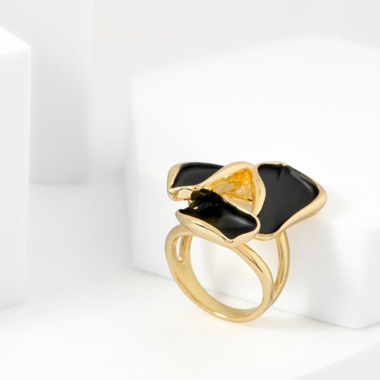Gold Finish Black Enamel Designer Cocktail Ring for Women with Artistic Petal-Inspired Design, Bold Statement Look and Contemporary Fashion Jewelry | Perfect for Party, Wedding and Evening Glamour