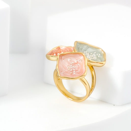 Gold Plated Pastel Bloom Enamel for Women Ring with Pastel Pink, Peach and Green Enamel Design for Women with Pastel Pink, Peach and Green Enamel Design |Trendy Fashion Jewellery Statement Ring