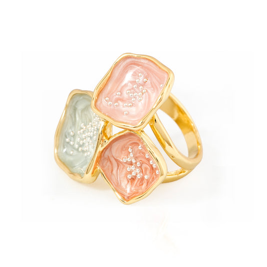 Gold Plated Pastel Bloom Enamel for Women Ring with Pastel Pink, Peach and Green Enamel Design for Women with Pastel Pink, Peach and Green Enamel Design |Trendy Fashion Jewellery Statement Ring