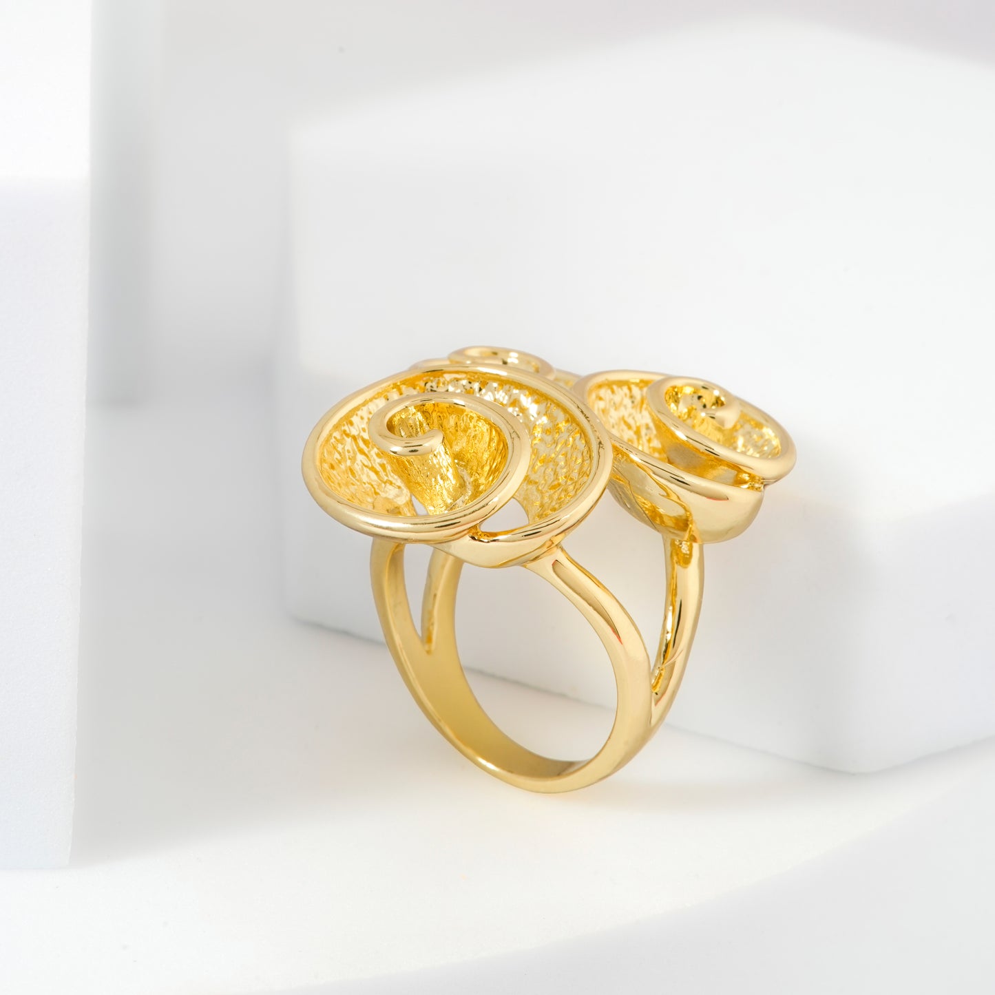 Gold Finish Spiral Design Statement Ring with Artistic Swirl Detailing | Contemporary Cocktail Jewelry for Women