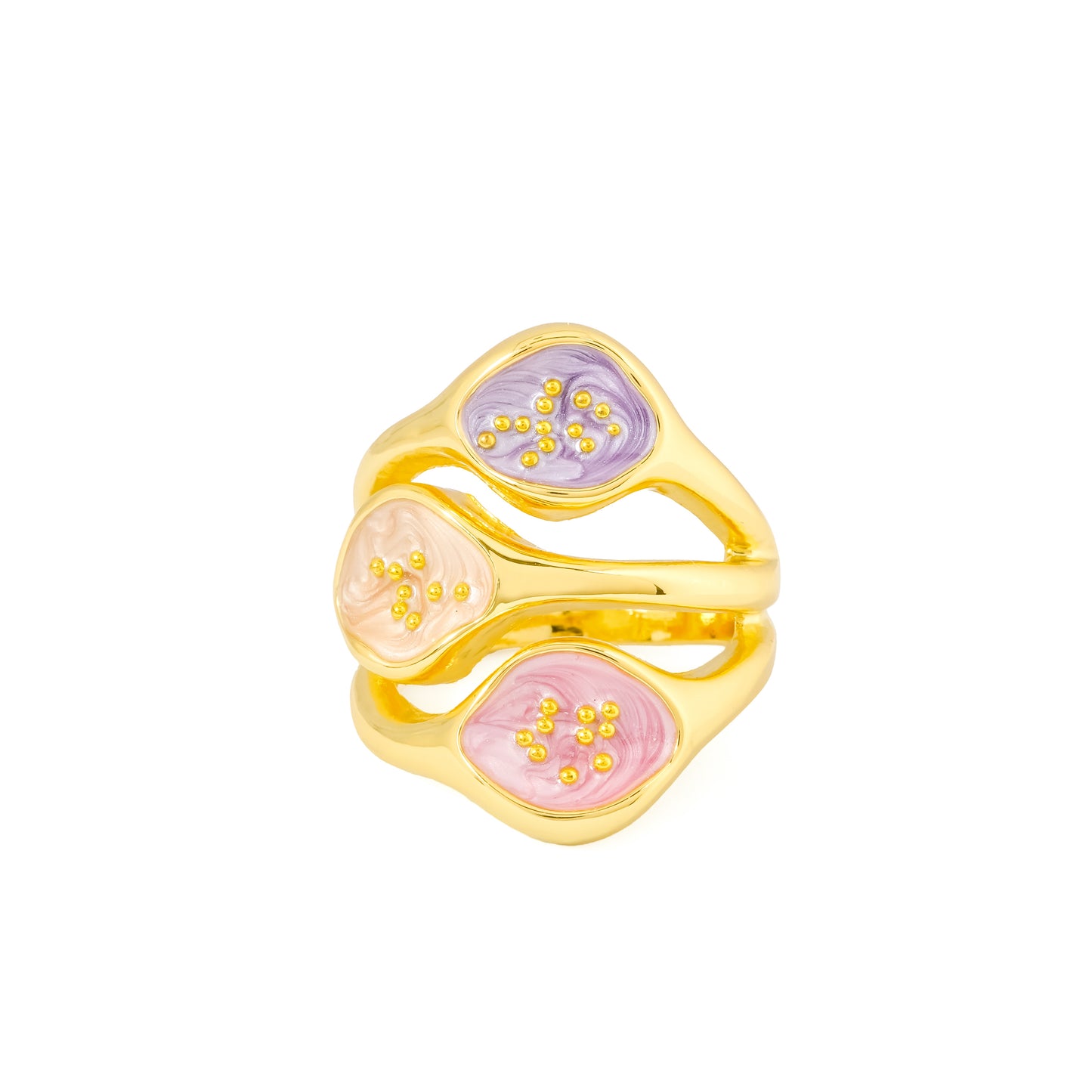 Gold Finish Pastel Enamel Floral Ring for Women with Pink and Lavender Accents, Elegant Statement Cocktail Jewelry with Designer Artistic Detailing | Perfect for Wedding, Festive and Party Wear