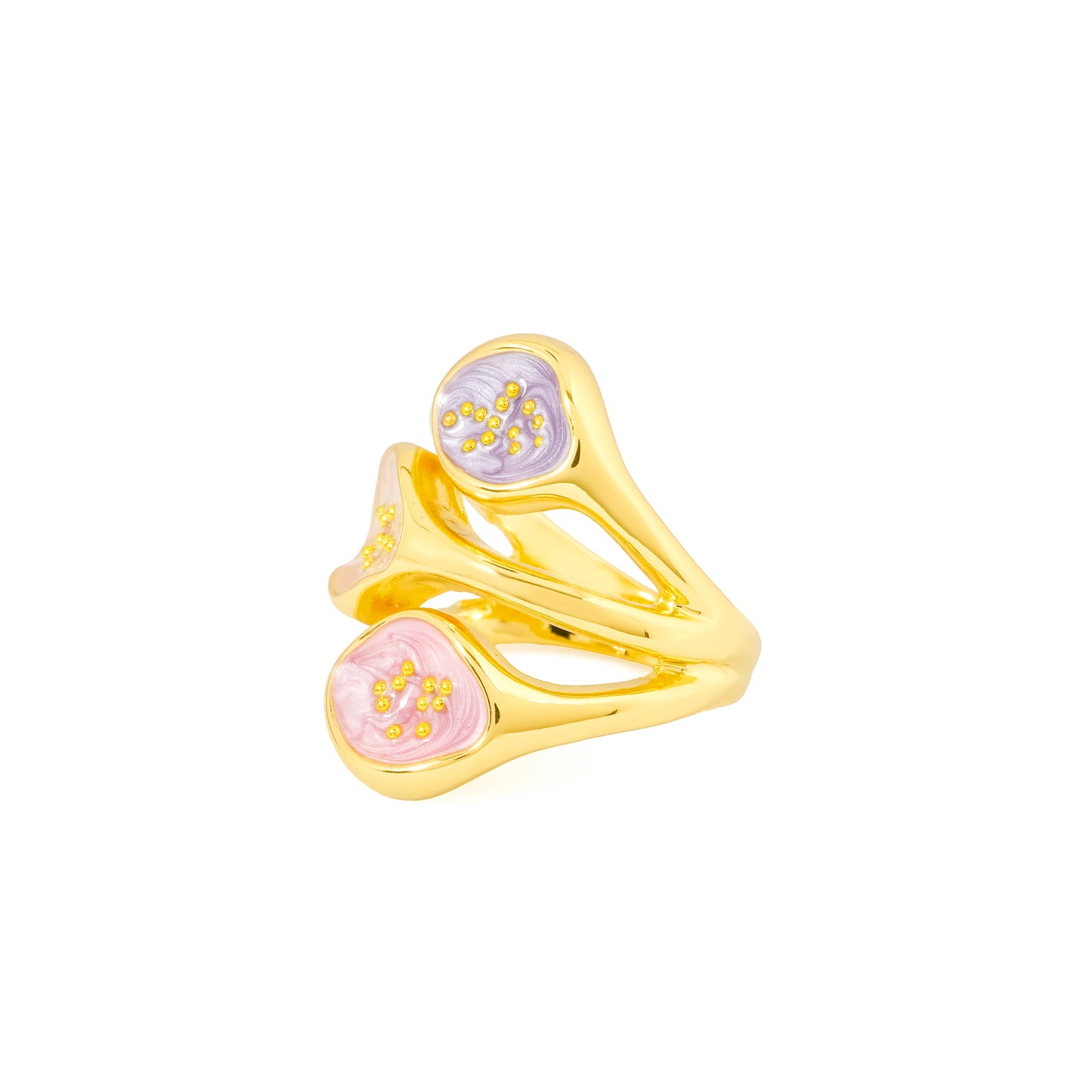 Gold Finish Pastel Enamel Floral Ring for Women with Pink and Lavender Accents, Elegant Statement Cocktail Jewelry with Designer Artistic Detailing | Perfect for Wedding, Festive and Party Wear