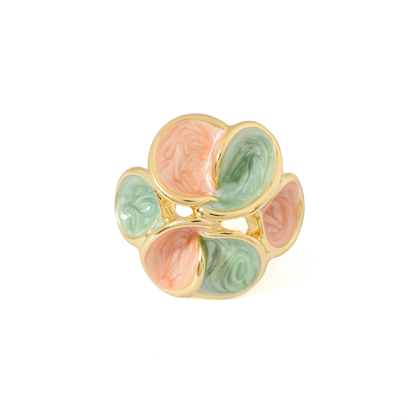 Pastel Flower Floral Statement Ring with Green and Peach Enamel Petals | Elegant Cocktail Jewelry for Weddings, Parties, and Festive Wear
