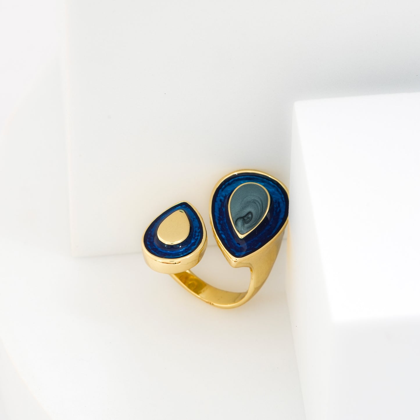 Gold Plated Dual Teardrop Design Ring for Women with Blue and Black Stone | Stylish Fashion Jewelry for Party, Wedding and Daily Wear