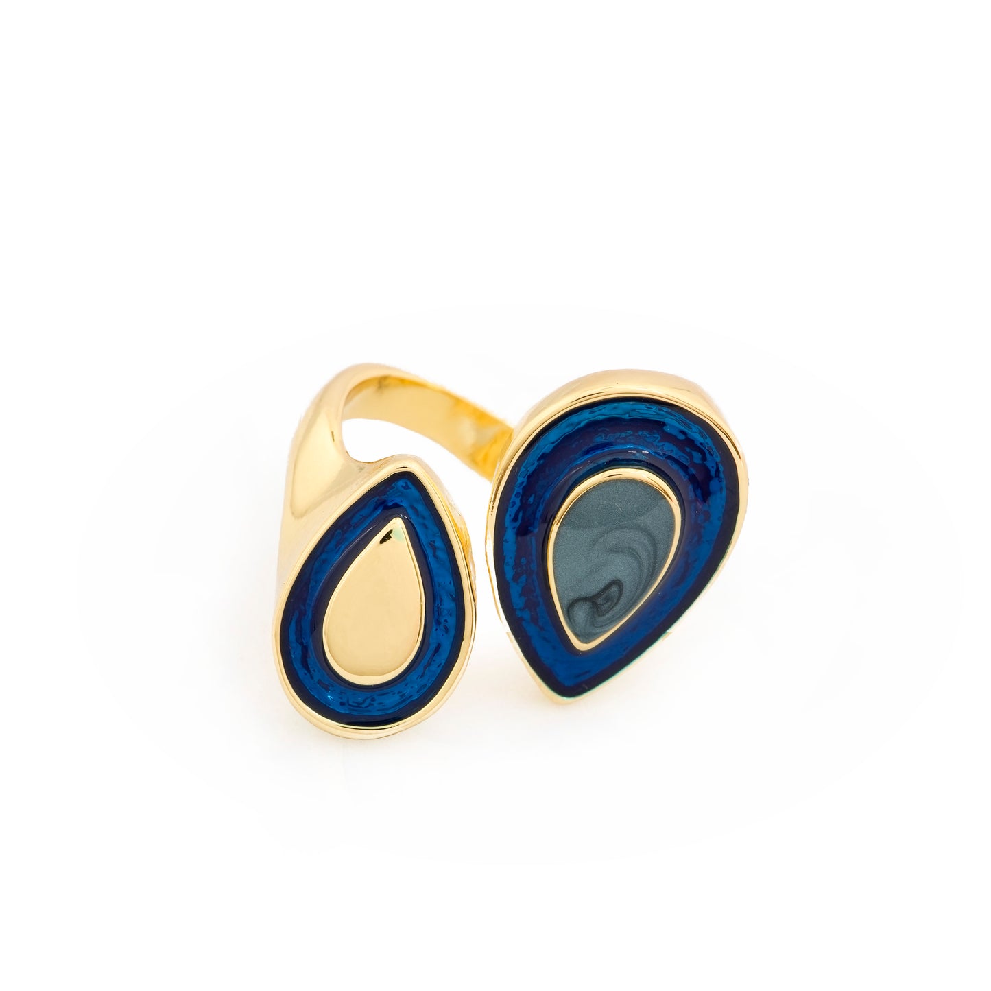 Gold Plated Dual Teardrop Design Ring for Women with Blue and Black Stone | Stylish Fashion Jewelry for Party, Wedding and Daily Wear