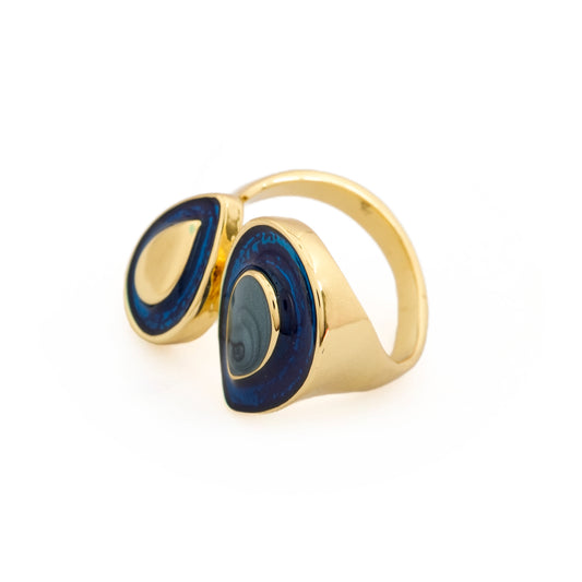 Gold Plated Dual Teardrop Design Ring for Women with Blue and Black Stone | Stylish Fashion Jewelry for Party, Wedding and Daily Wear
