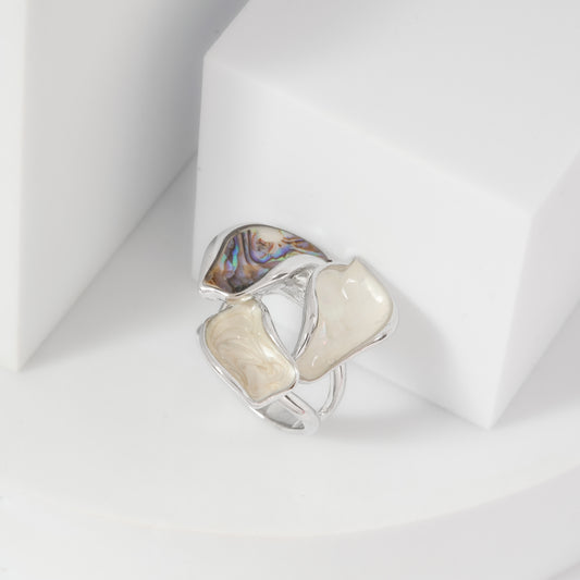 Silver Finish Artistic Ring with White and Iridescent Shell Accents | Unique Statement Jewelry for Parties, Weddings, and Festive Wear