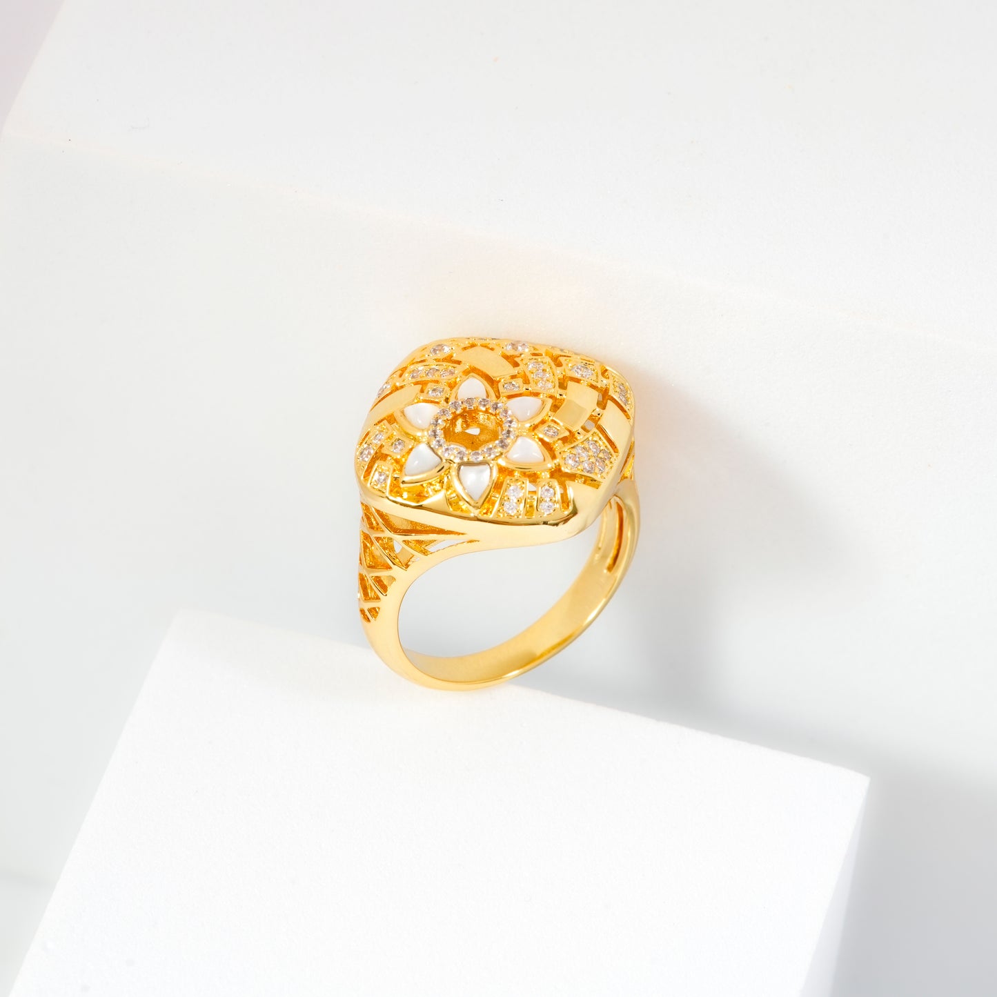 Gold Plated Square Designer Ring for Women with Intricate Cutwork and Diamond Look Crystal Studded Design | Stylish Fashion Jewelry for Party, Wedding and Daily Wear