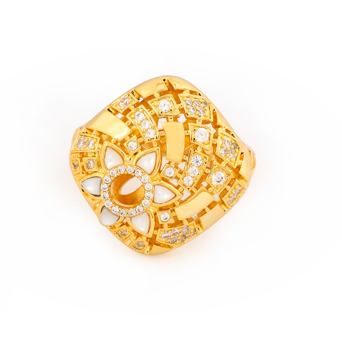 Gold Plated Square Designer Ring for Women with Intricate Cutwork and Diamond Look Crystal Studded Design | Stylish Fashion Jewelry for Party, Wedding and Daily Wear