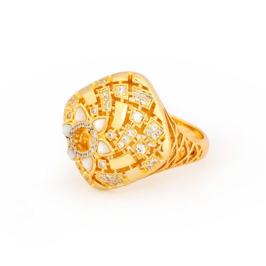 Gold Plated Square Designer Ring for Women with Intricate Cutwork and Diamond Look Crystal Studded Design | Stylish Fashion Jewelry for Party, Wedding and Daily Wear