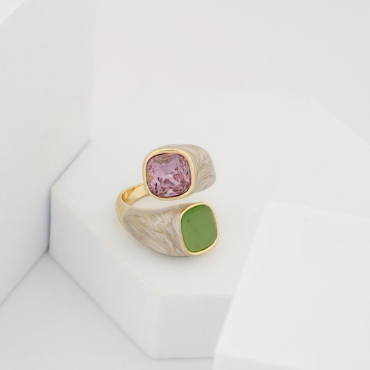 Dual Stone Designer Ring with Pink and Green Accents | Modern Adjustable Cocktail Jewelry for Women