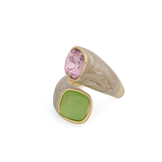 Dual Stone Designer Ring with Pink and Green Accents | Modern Adjustable Cocktail Jewelry for Women