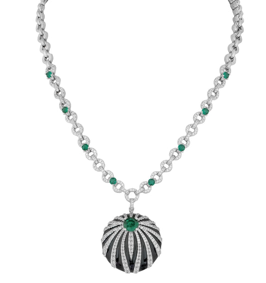 Emerald Radiance Necklace | Silver-Black Enamel Pendant with Green Gem Accents