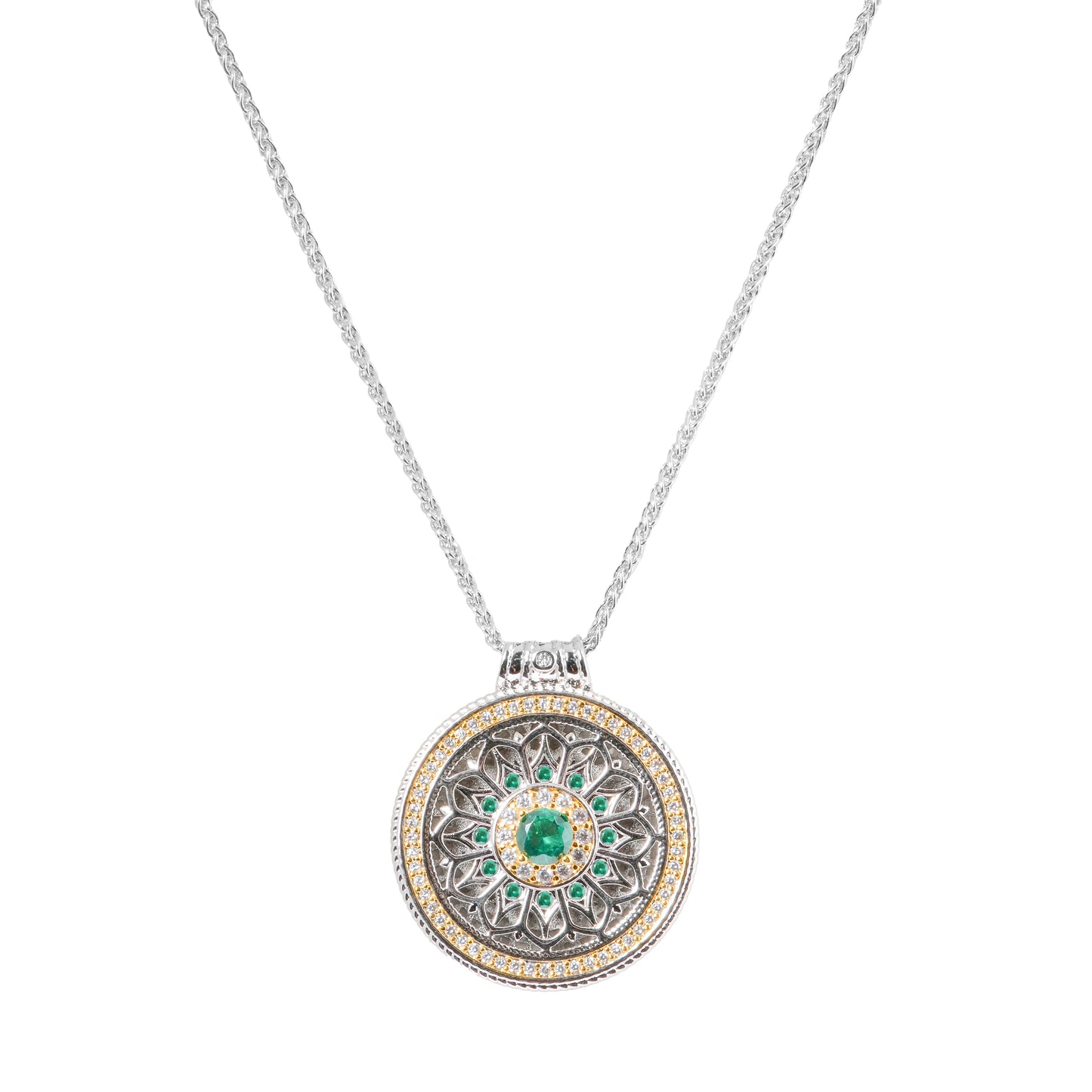 Round Pendant Necklace with Green Stone | Silver and Gold-Tone Mandala Design Necklace for Women | Elegant Party and Everyday Jewelry