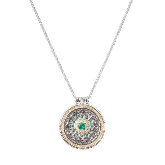 Round Pendant Necklace with Green Stone | Silver and Gold-Tone Mandala Design Necklace for Women | Elegant Party and Everyday Jewelry