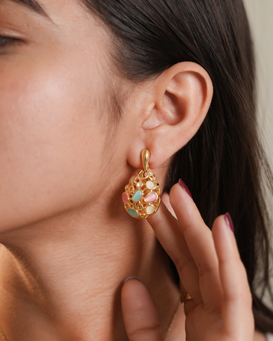 Gold Plated Cat Eye Stone Teardrop Pendant Necklace with Matching Earrings | Elegant Multicolor Jewelry Set for Women | Party & Festive Wear