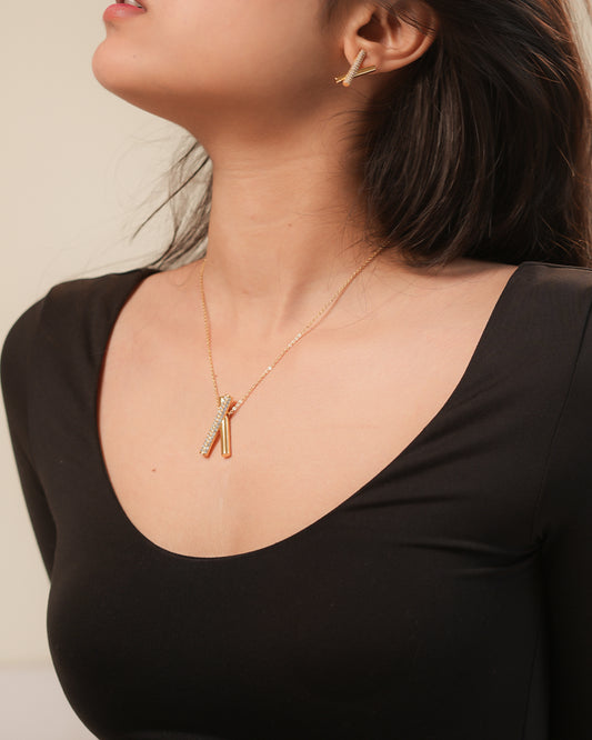 Cross-Bar Pendant Necklace and Earrings Set | Minimalist Stone-Studded Jewelry for Women