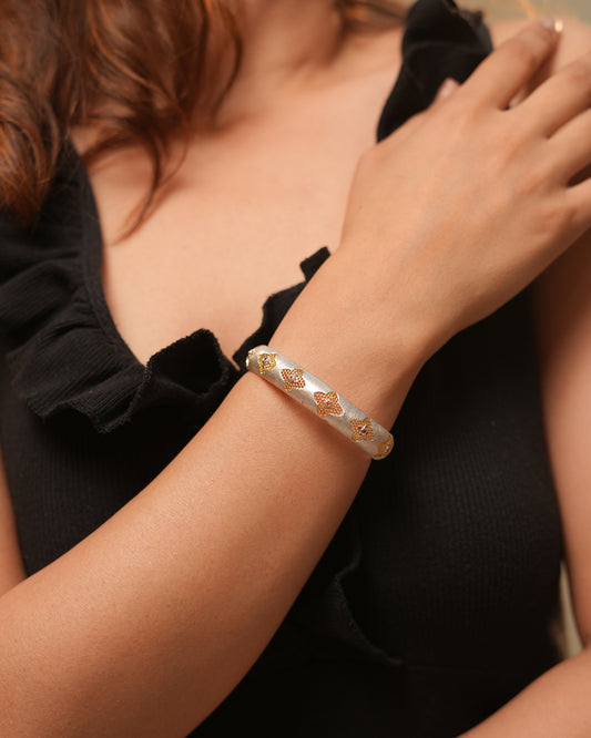 Silver and Gold Dual Tone Bracelet with Diamond Look Motif Accents | Elegant Designer Statement Jewelry