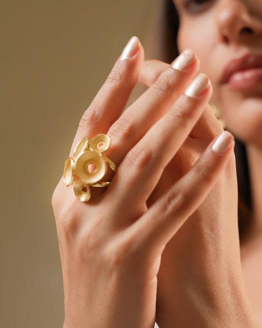 Gold Finish Multi-Circle Abstract Cocktail Ring with Textured Detailing | Contemporary Statement Jewelry for Parties and Festive Occasions