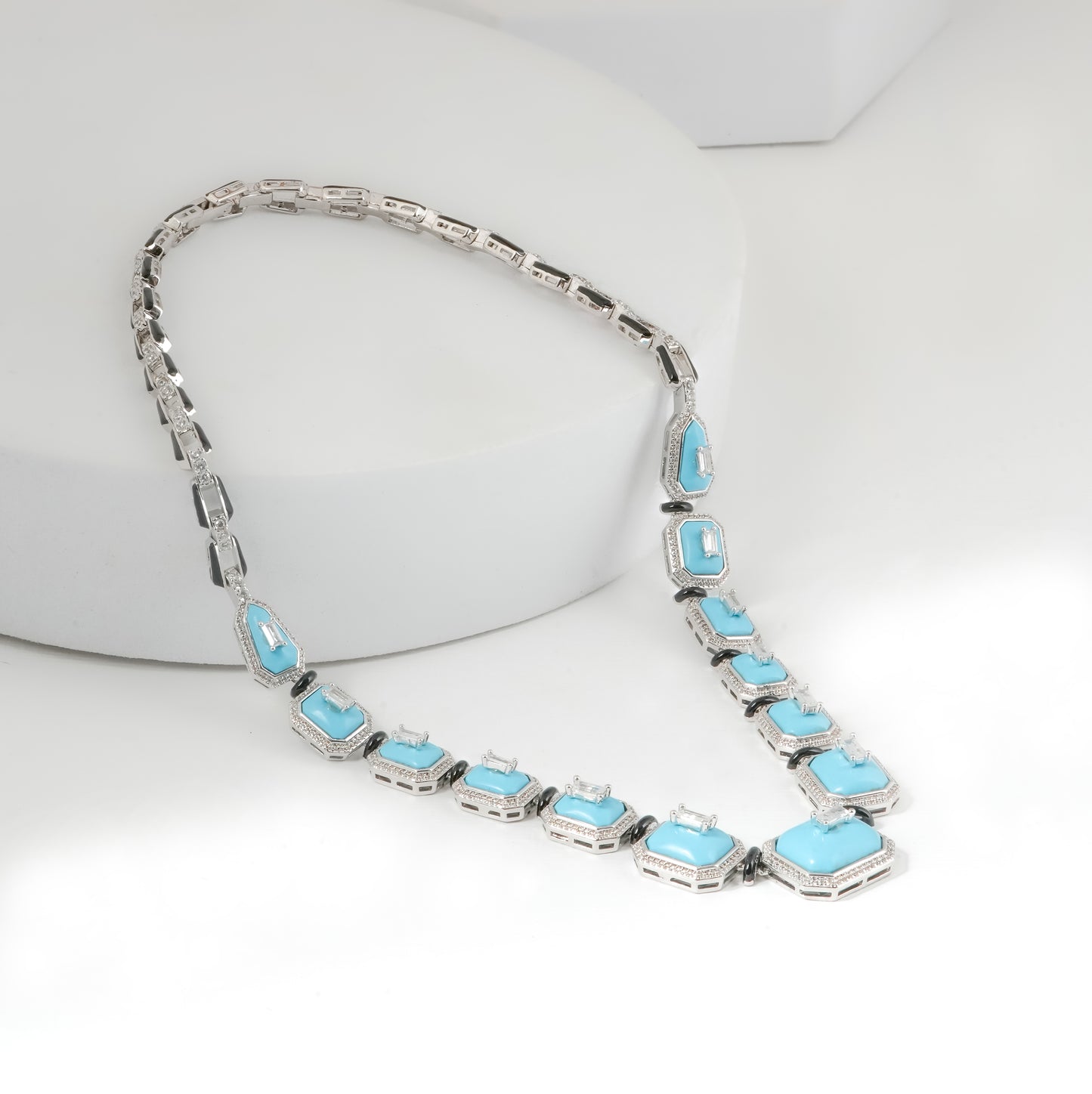 Ocean Aura Turquoise Necklace | Geometric Blue Elegance with Silver Accents