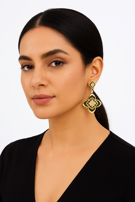 Luxurious Gold-Plated Floral Drop Earrings with Black Enamel Accents and Sparkling Stone Embellishments for Classic Statement Looks