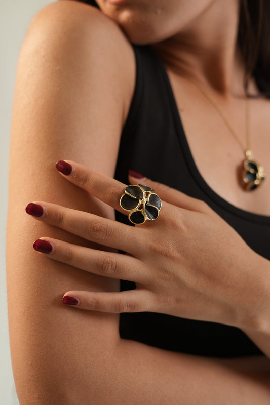 Black Enamel Floral Statement Ring with Artistic Petal Design | Bold Fashion Jewelry for Parties, Weddings, and Festive Wear