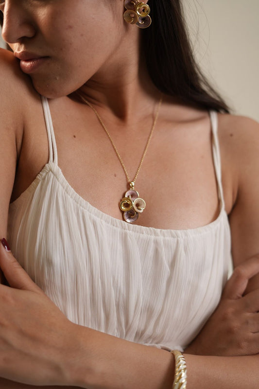 Gold-Plated Purple & Pearl Enamel Jewelry Set – Statement Necklace with Matching Earrings