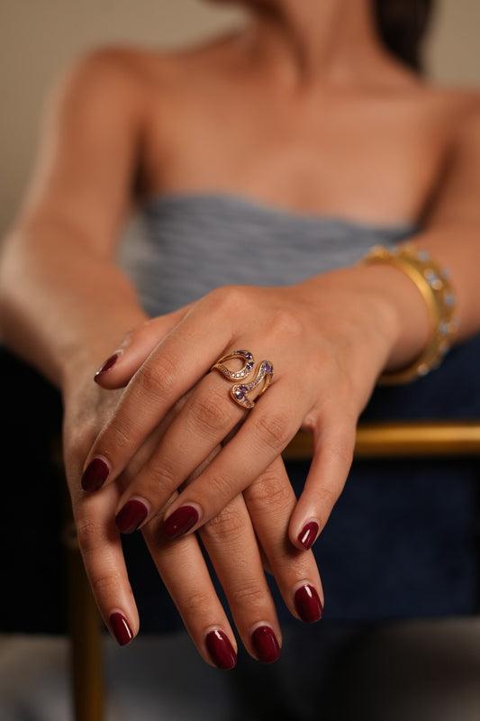 Open Band Gold Finish Ring for Women with Purple Crystal Detailing | Stylish Statement Fashion Jewelry for Party, Wedding, Daily Wear