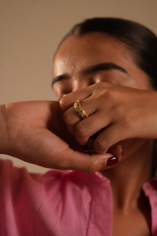 Gold Finish Ruby Red Stone Band Ring for Women with Diamond Look Detailing | Elegant Fashion Jewelry for Party, Wedding, and Daily Wear