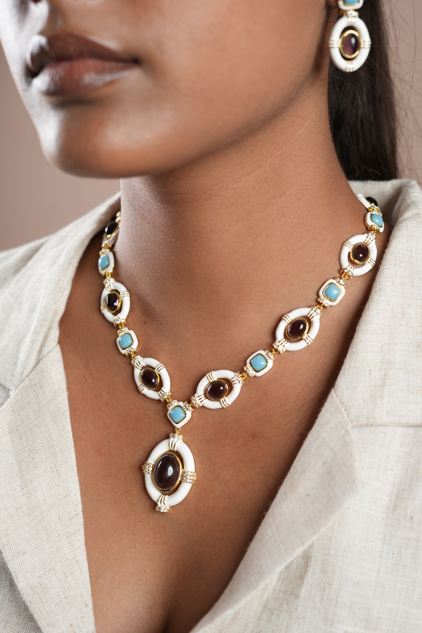 Vintage-Inspired Gold-Plated Necklace with Amethyst Purple Stones, Turquoise Accents, and White Enamel Detailing