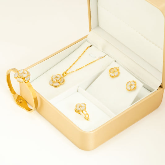 Gold Plated Floral Jewelry Set with Bracelet, Necklace, Earrings and Ring | Beautiful Gift Box for Girls Featuring Necklace, Earrings, Bracelet and Ring – Perfect Hamper for Women’s Gifting