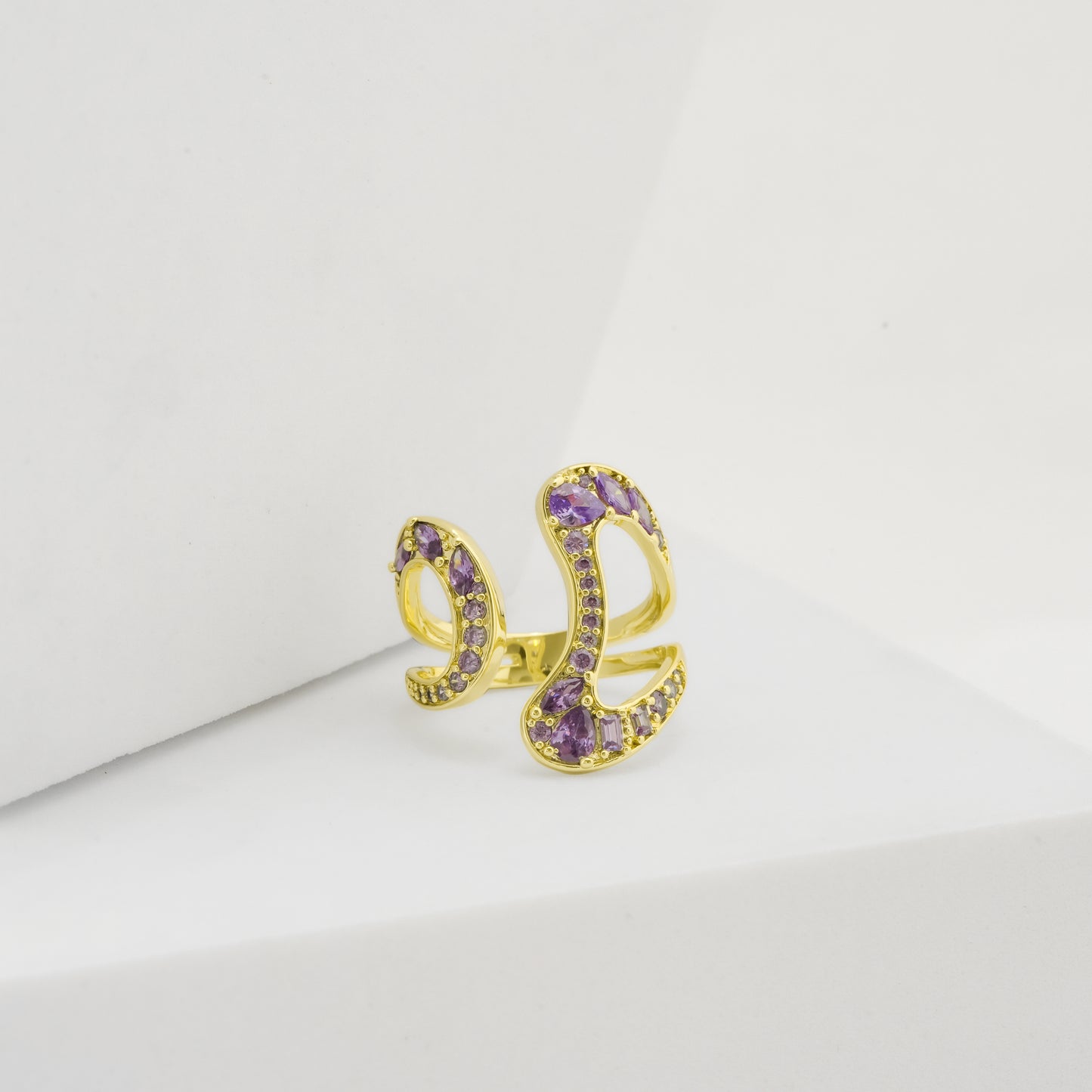 Open Band Gold Finish Ring for Women with Purple Crystal Detailing | Stylish Statement Fashion Jewelry for Party, Wedding, Daily Wear