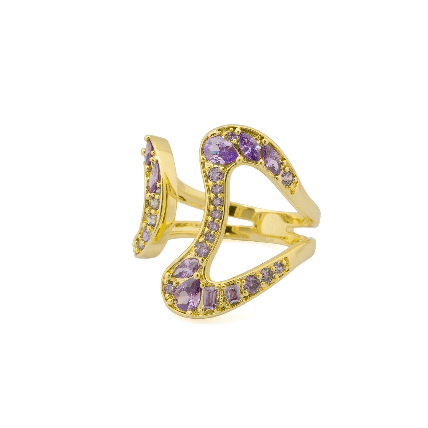 Open Band Gold Finish Ring for Women with Purple Crystal Detailing | Stylish Statement Fashion Jewelry for Party, Wedding, Daily Wear