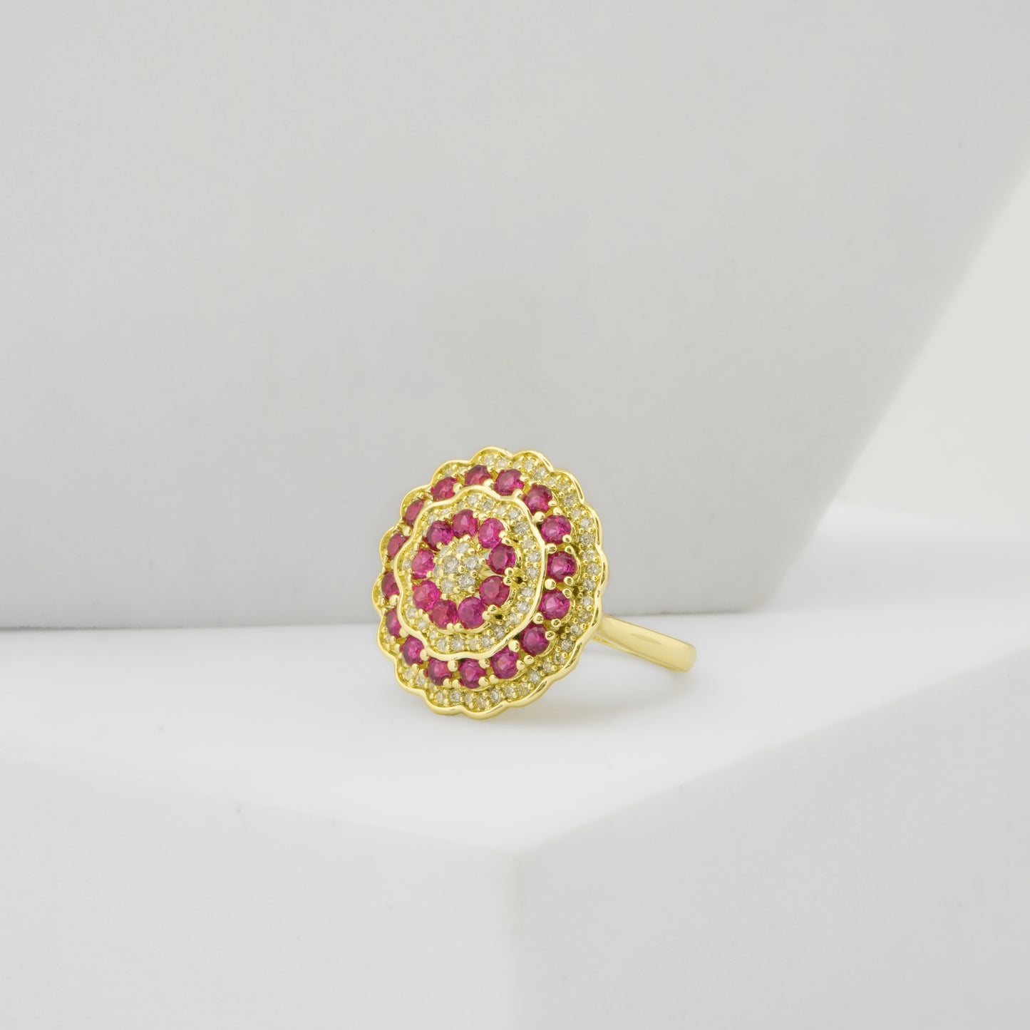 Circular Design Gold Finish Ring for Women with Pink and White Crystal Layers | Elegant Statement Fashion Jewelry for Party, Wedding, Daily Wear