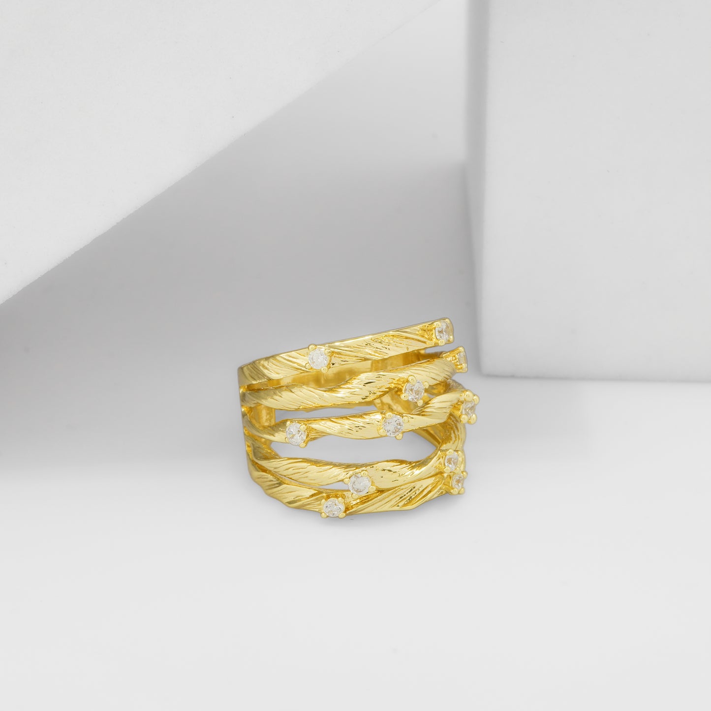 Multi Layer Textured Gold Finish Ring for Women with Crystal Highlights | Stylish Statement Fashion Jewelry for Party, Wedding, Daily Wear