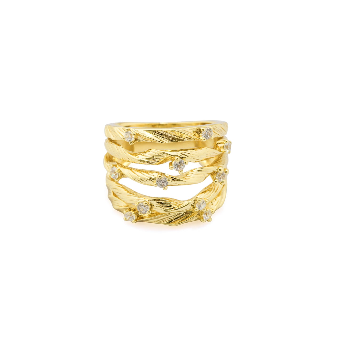 Multi Layer Textured Gold Finish Ring for Women with Crystal Highlights | Stylish Statement Fashion Jewelry for Party, Wedding, Daily Wear